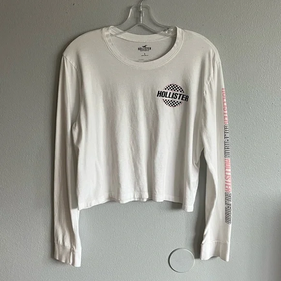 Hollister Women’s Small White Long Sleeve T Shirt With Black Checkered Patterns - Picture 1 of 4